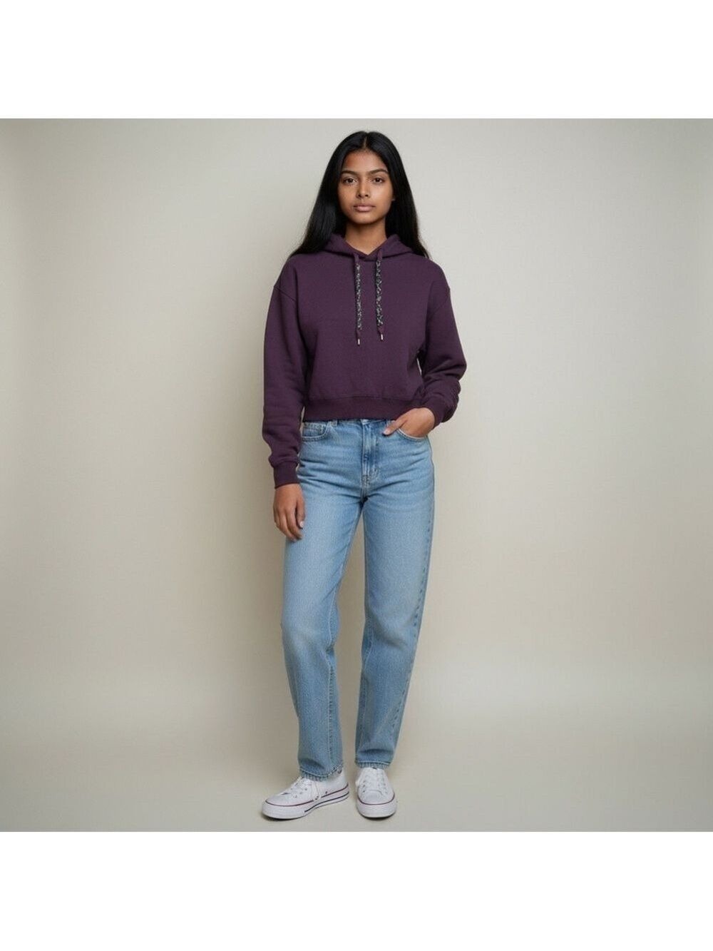 Express Deep Purple Hoodie with Beaded Ribbon Drawstring NWT - Picture 5 of 9